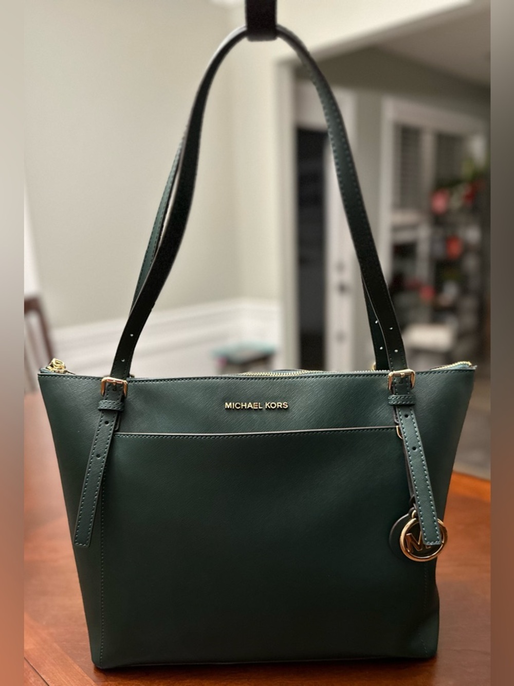 Michael Kors Green Saffiano Leather Tote Gold Hardware MK Charm